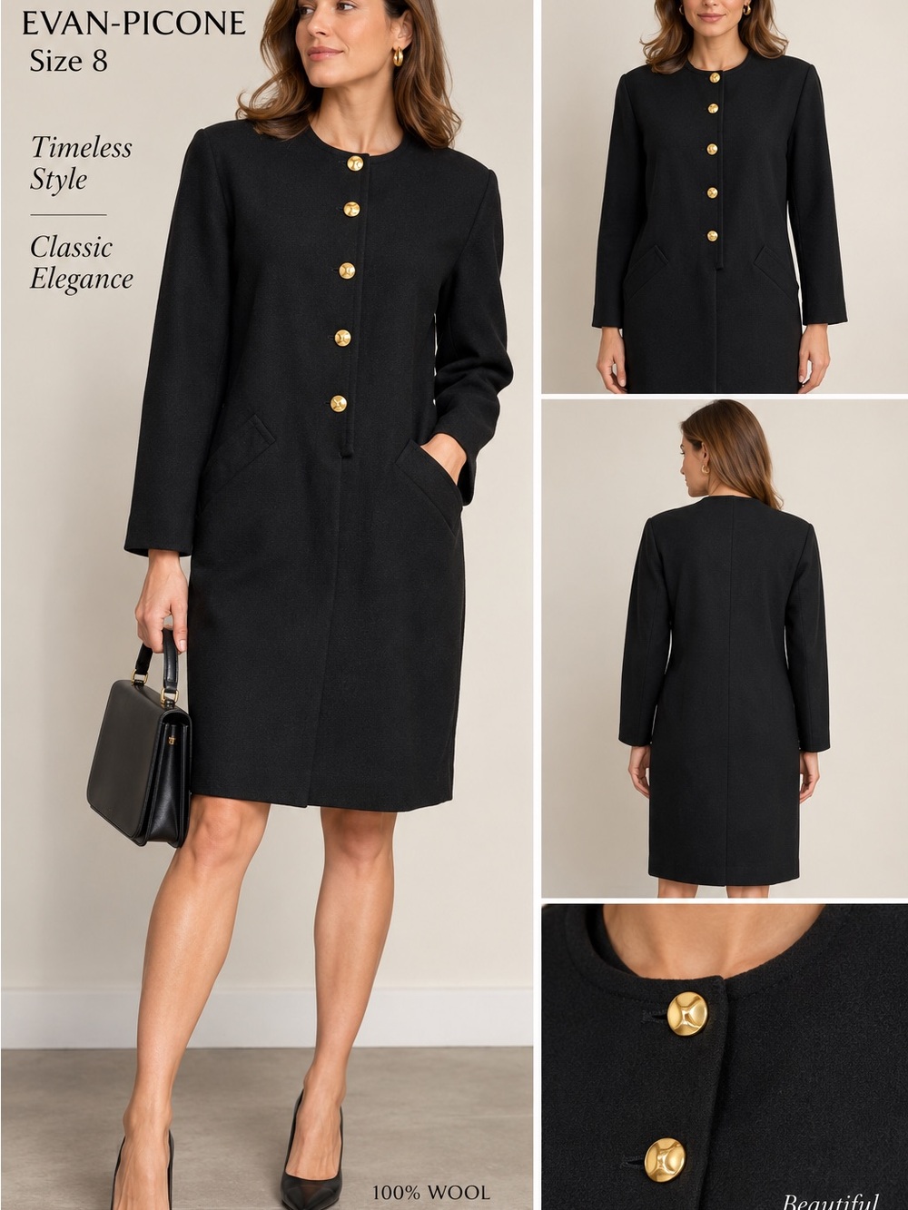 Vintage Evan-Picone 100% Wool Black Coat Dress Gold Buttons Size 8